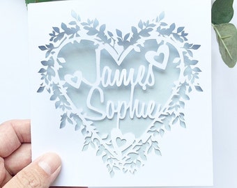 Personalised Floral Heart Papercut Name Card, Wedding Card, Anniversary Card, Thank You Card, Couple Card, Paper Anniversary, Wedding Gift