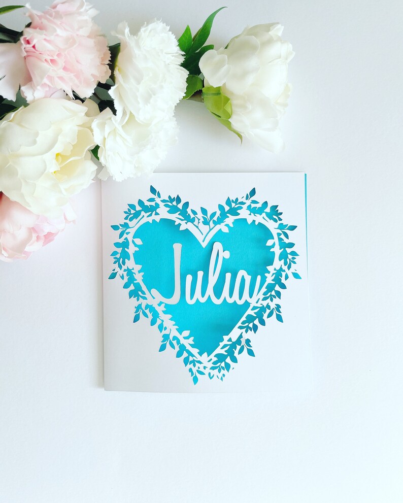 Personalised Floral Heart Papercut Name Card, Wedding Card, Anniversary Card, Thank You Card, Birthday Card for her, Wedding Gift, Mum Card image 5