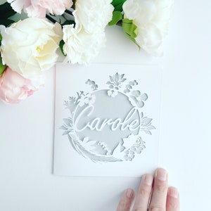 Personalised Floral Wreath Papercut Name Card, Wedding Card, Anniversary Card, Thank You Card, Birthday Card for her, Birthday Card Mum