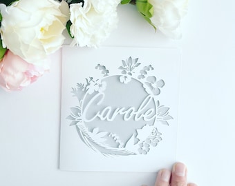 Personalised Floral Wreath Papercut Name Card, Wedding Card, Anniversary Card, Thank You Card, Birthday Card for her, Birthday Card Mum