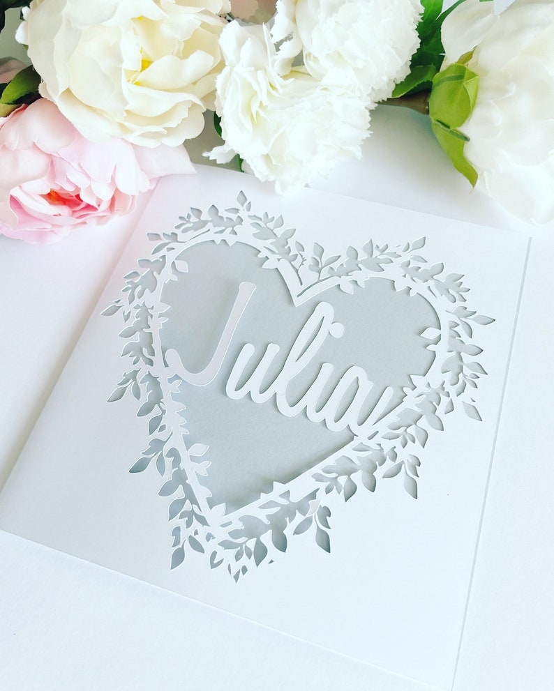 Personalised Floral Heart Papercut Name Card, Wedding Card, Anniversary Card, Thank You Card, Birthday Card for her, Wedding Gift, Mum Card image 9