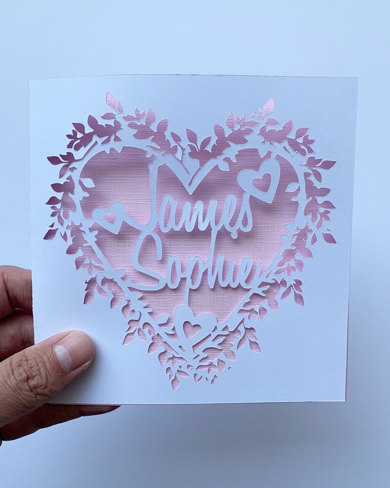 Personalised Floral Heart Papercut Name Card Wedding Card Etsy