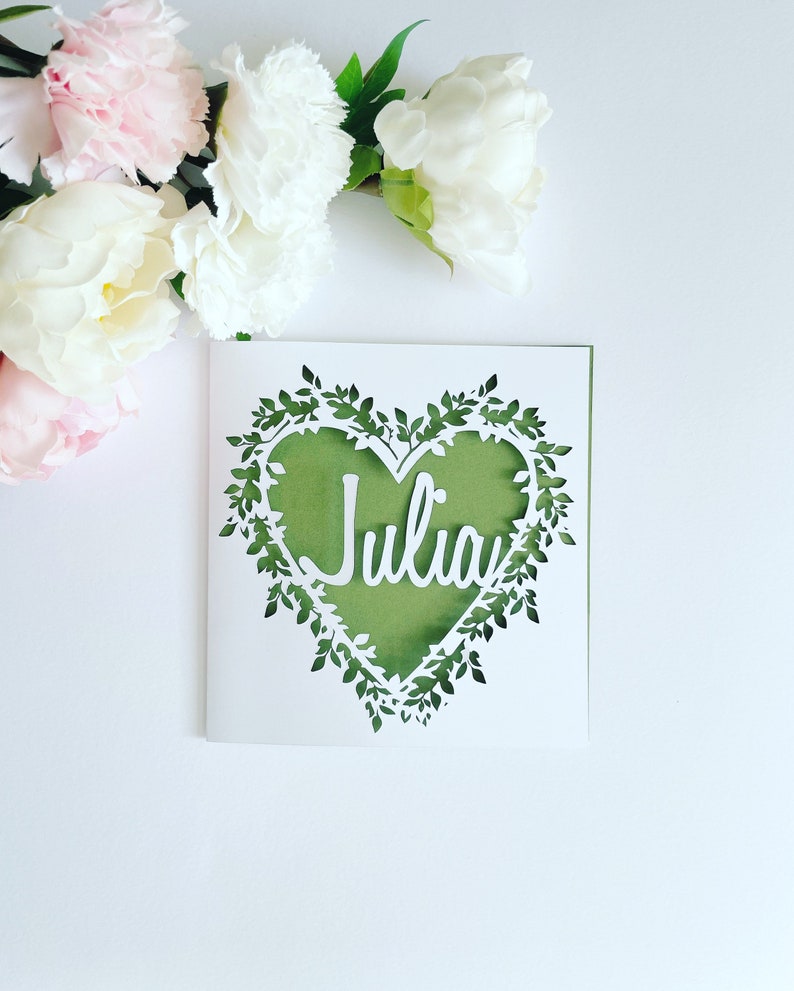 Personalised Floral Heart Papercut Name Card, Wedding Card, Anniversary Card, Thank You Card, Birthday Card for her, Wedding Gift, Mum Card image 3