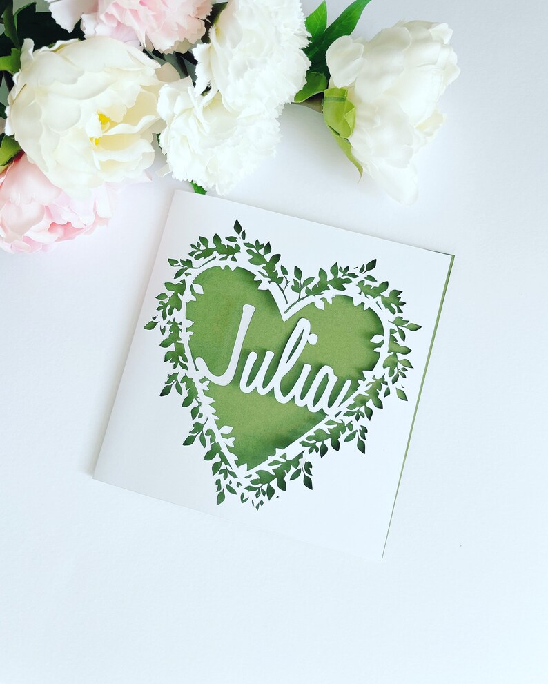 Personalised Floral Heart Papercut Name Card, Wedding Card, Anniversary Card, Thank You Card, Birthday Card for her, Wedding Gift, Mum Card image 6