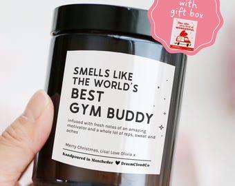 Regalo divertido para amantes del gimnasio que dice "Huele como el mejor compañero de gimnasio del mundo" | Regalo de cumpleaños para amigos y mejores amigos del gimnasio: Vela personalizada