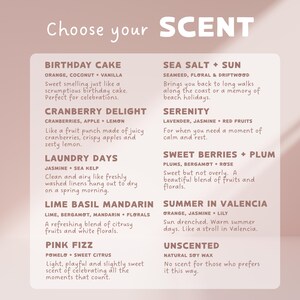 May include: A product description card with the words "Choose your SCENT" at the top. The card lists various scent options, including "Birthday Cake," "Cranberry Delight," and "Sea Salt + Sun," each with a brief description.