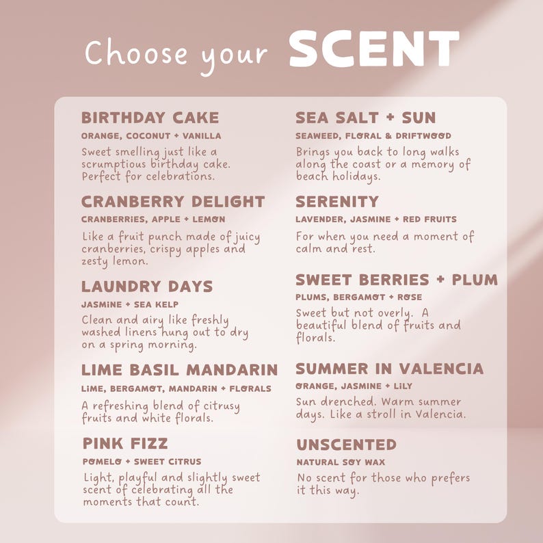 May include: A product description card with the words "Choose your SCENT" at the top. The card lists various scent options, including "Birthday Cake," "Cranberry Delight," and "Sea Salt + Sun," each with a brief description.