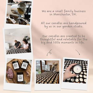 Puede incluir: Un collage de im&aacute;genes que muestran el proceso de fabricaci&oacute;n de velas. Las im&aacute;genes incluyen velas que se est&aacute;n vertiendo, personas trabajando en un estudio y velas terminadas con etiquetas. Las etiquetas dicen "You're Going to be Amazing Parents", "New Home" y "New House".