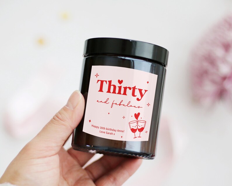 30th birthday gift for her, woman, friend, sister. Personalised 30th candle gift that reads 'thirty and fabulous'.