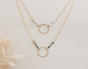 Goldfilled chain necklace, diamond circle and beads in howlite or African turquoise