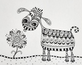 black and white drawing | Original Ornament Animal | square