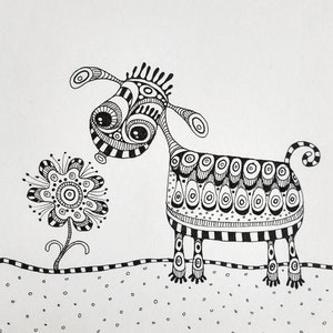 schwarz-weiß Zeichnung Original Ornament-Tier quadratisch Bild 1