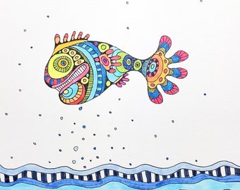 colorful fish picture | Drawing Original | Grinsefisch | square 15 cm x 15 cm