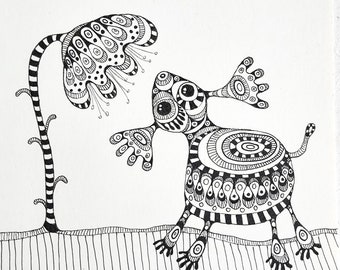 black and white drawing | Original Ornament Animal | square