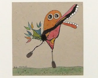 colorful drawing on cardboard, square, KlexMonster on tiptoe, in mixed media