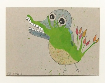 Pequeño dibujo sobre cartón | 10,3 cm x 11,5 cm Broß | verde KlexMonster | Original dibujado a mano en técnica mixta