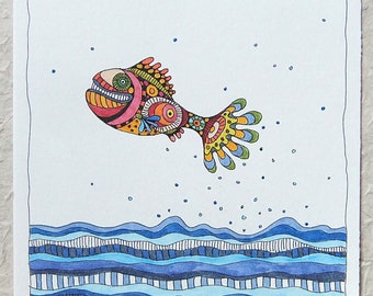 colorful drawing, original, grinning fish, flying fish