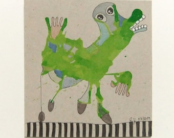 small ink drawing on cardboard, green KlexMonster, 10.5 cm x 11 cm