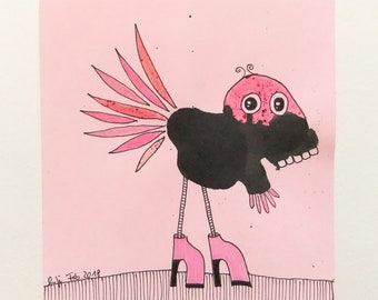 small drawing, ink fineliner, original, black-pink KlexMonster