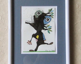 Thumbnail | Original drawing | Ready framed | with passe-partout | little singing KlexMonster