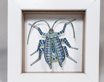 3D Objekt aus Papier, blauer Käfer, fertig gerahmt 12,2 cm x 12,2 cm x 3,4 cm