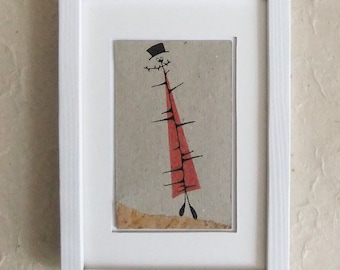 Mini picture, ready framed, original, drawing, monster, prickly with hat