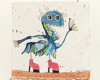 small original drawing | Ink mixed media | square 10.5 cm x 10.5 cm | KlexMonster 'Hey'