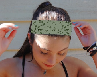 Diadema deportiva con hojas verdes, diadema ancha estilo boho para fitness.