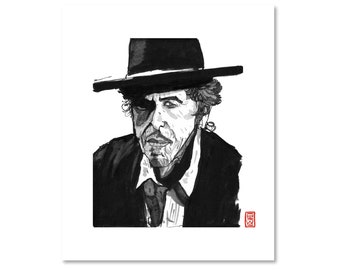 Bob Dylan / Black and White / Fine Art Print / Giclee / Japanese Ink  / Yokai Illustration / Artist Portrait Series