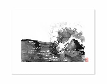 May include: Black and white ink painting of a large wave crashing against a rocky shore. The painting is done in a traditional Japanese style, with a strong emphasis on the movement of the water.