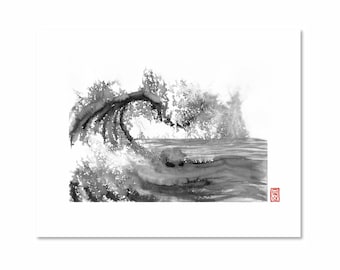 May include: Black and white ink painting of a large wave crashing. The wave is depicted in a traditional Japanese style, with a strong sense of movement and energy. The painting is signed in the lower right corner.