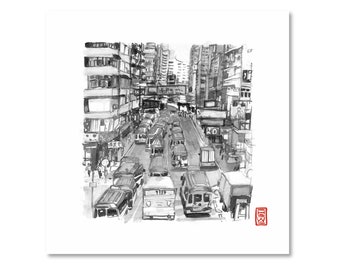 Hong Kong / Black and White / Fine Art Print / Giclee / Japanese Ink  / Yokai Illustration