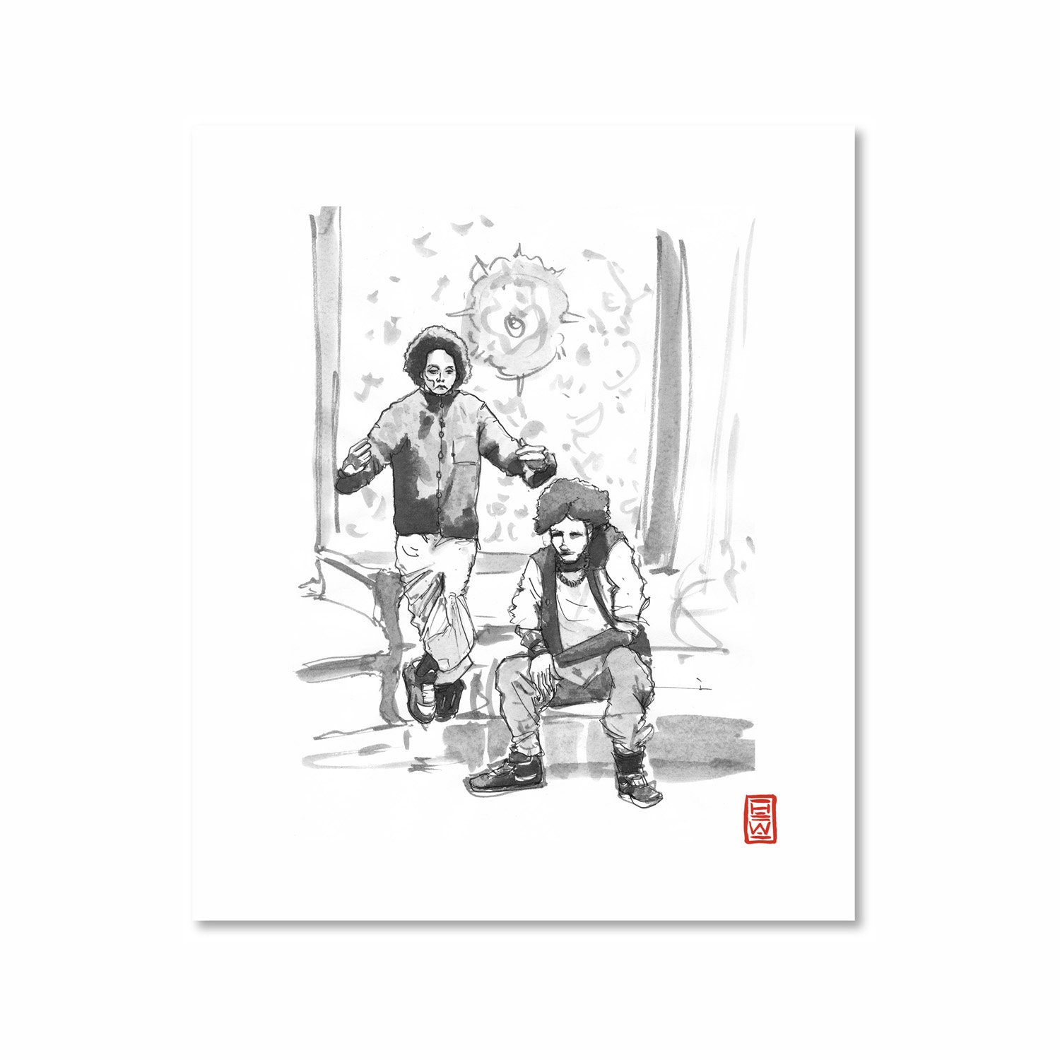 Les Twins / Black and White / Fine Art Print / Giclee / Japanese Ink  / Yokai Illustration