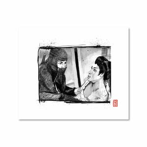 Ninja Love / Black and White / Fine Art Print / Giclee / Japanese Ink  / Yokai Illustration