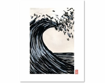 May include: A black and white ink illustration of a large wave crashing. The wave is depicted in a traditional Japanese style, with a strong sense of movement and energy. The wave is breaking over a smaller wave in the foreground, and there are birds flying in the air above the wave.