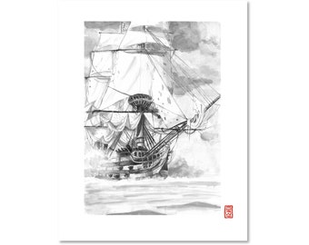 HMS Victory / Battle Ship / Black and White / Fine Art Print / Giclee / Japanese Ink  / Yokai Illustration