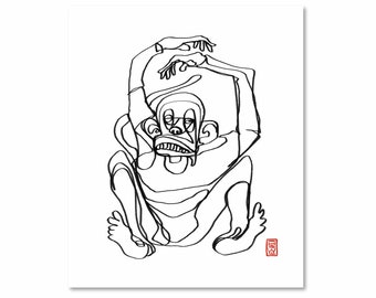 Affe / schwarz-weiß / Einzeiler / Fine-Art Print / Giclée / japanische Tinte Stift / Yokai Illustration