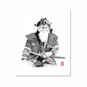 Old Samurai / Black and White / Fine Art Print / Giclee / Japanese Ink  / Yokai Illustration