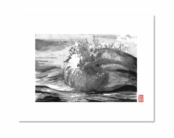 May include: A black and white watercolour painting of a large wave crashing in the ocean. The wave is depicted in a stylised, abstract manner, with splashes of white paint representing the foam.