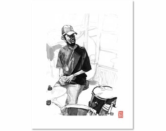 J DILLA / Black and White / Fine Art Print / Giclee / Japanese Ink  / Yokai Illustration / Artist Portrait Series