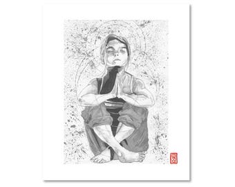 Meditation 4 / Black and White / Fine Art Print / Giclee / Japanese Ink  / Yokai Illustration / Girl / Spiritual