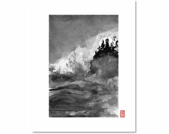 May include: Monochrome abstract landscape art print. The artwork depicts a mountain range and a cloudy sky, created in an ink wash style. A small red stamp is in the lower right corner. The print is on white paper.