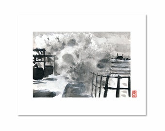May include: A black and white ink painting depicting a stormy seascape with a wooden fence in the foreground and a small building in the distance.