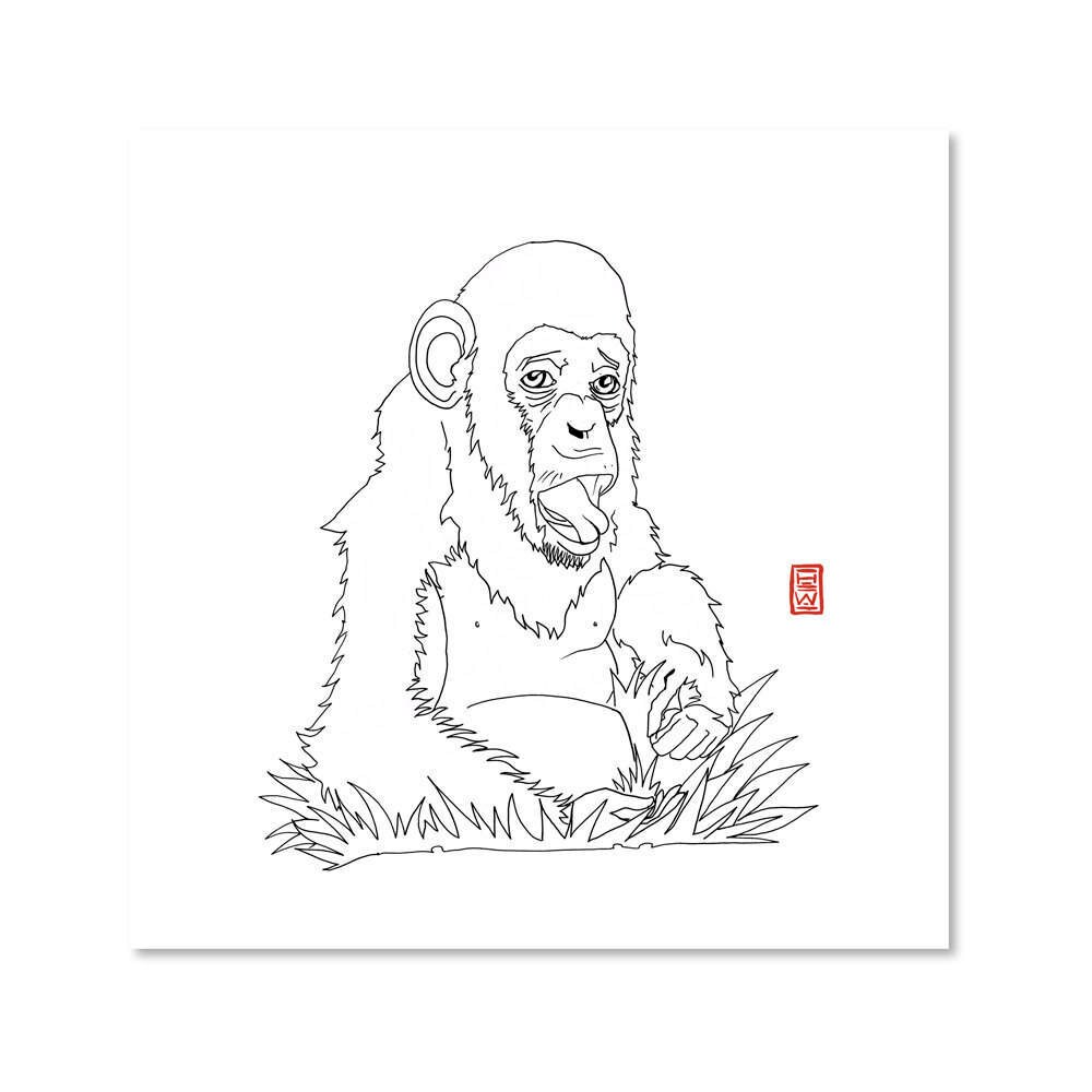 Monkey / Black and White / Outline / Fine Art Print / Giclee / Japanese Ink Pen / Yokai Illustration