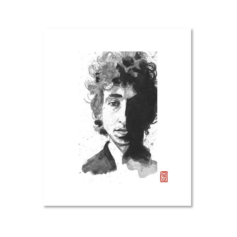 Bob Dylan Black and White Fine Art Print Giclee Japanese Ink Yokai Illustration Artist Portrait Series