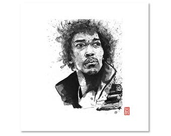Jimi Hendrix / Black and White / Fine Art Print / Giclee / Japanese Ink  / Yokai Illustration / Artist Portrait Series