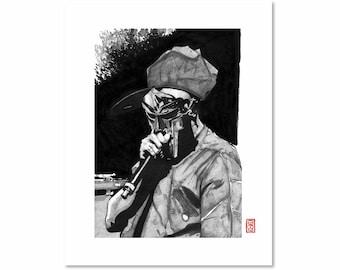 MF Doom / Black and White / Fine Art Print / Giclee / Japanese Ink  / Yokai Illustration / Artist Portrait Series