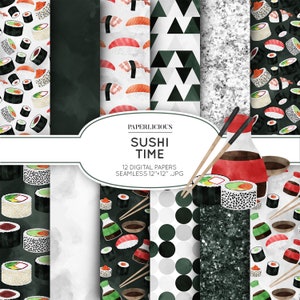 Sushi Digital Papers, Sushi Patterns, Japanese Digital, Sushi Seamless, Sushi Planner, Sushi Stickers, Seamless Patterns, Sushi Drawing