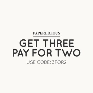 May include: Text graphic that reads "PAPERLICIOUS" in all caps, followed by a horizontal line. Below the line, the text reads "GET THREE PAY FOR TWO" in all caps. Below that, the text reads "USE CODE: 3FOR2" in all caps.