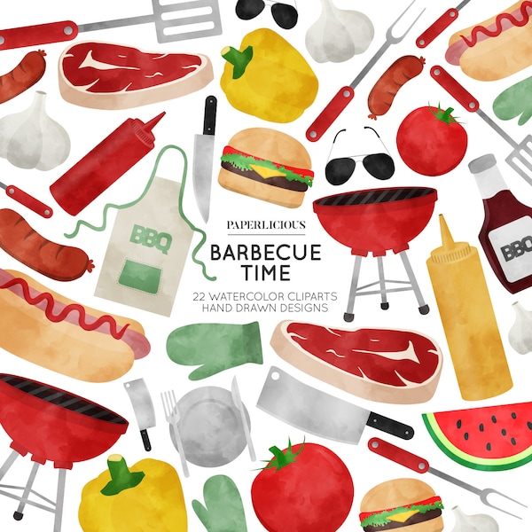 Barbecue Watercolor Cliparts, Bbq Cliparts, Grill Cliparts, Food Cliparts, Barbecue Planner, Bbq Stickers, Summer Cliparts, Summer Planner